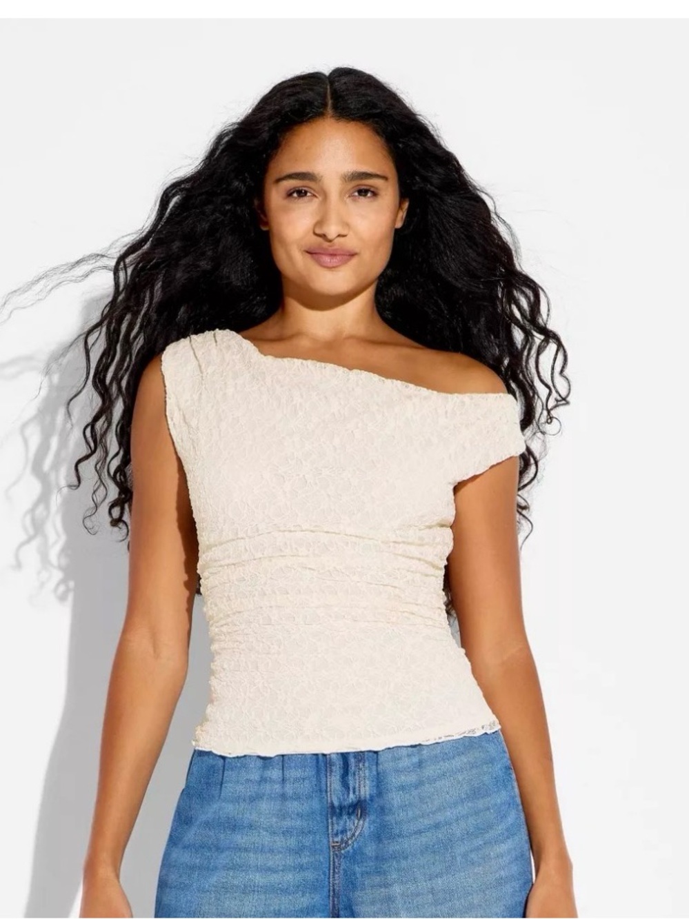 New XXS White Lace Drape Front Top